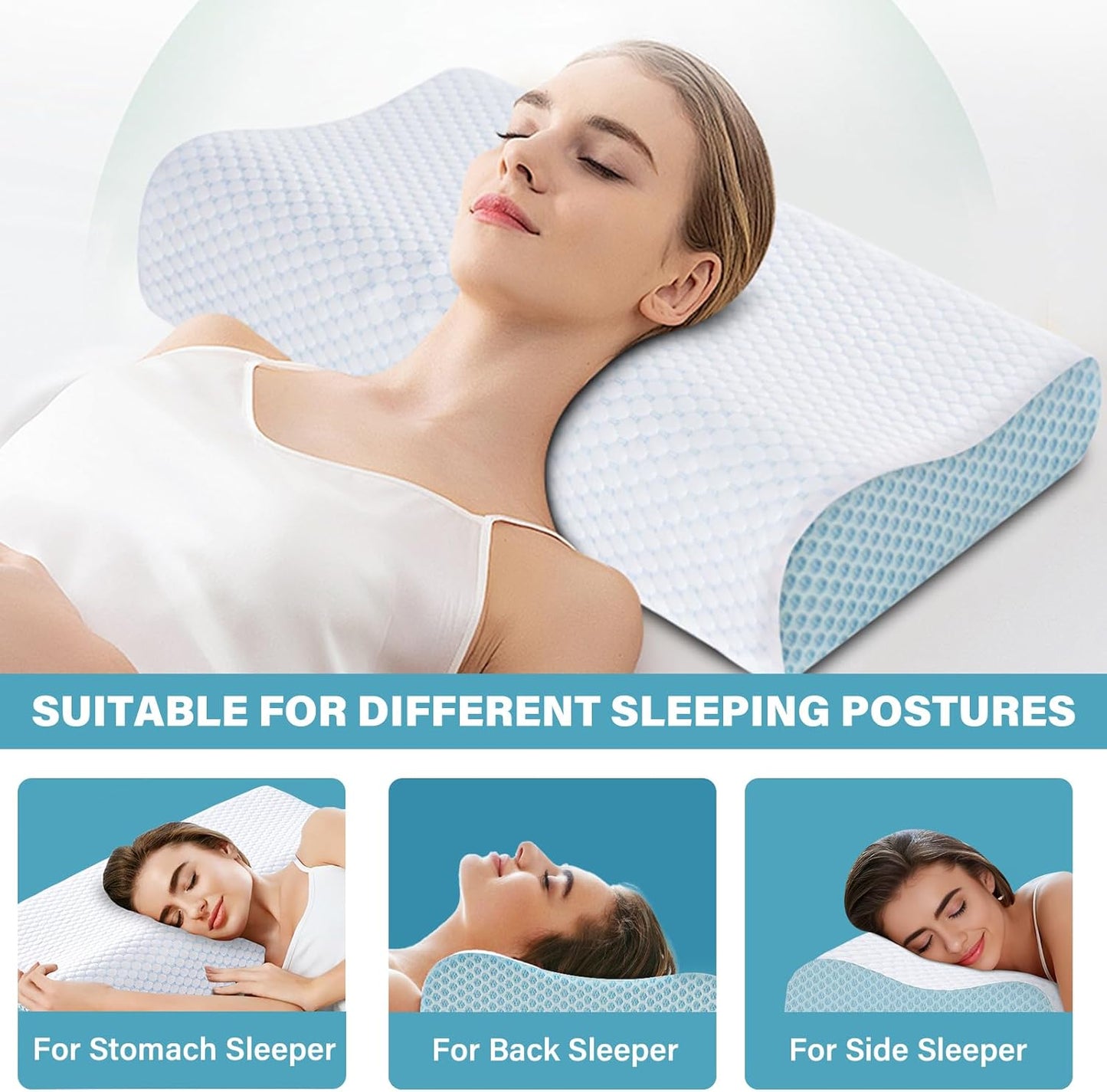 2 Pack Memory Foam Cooling Bed Pillows for Sleeping, Ergonomic Cervical Pillow for Neck and Shoulder Pain Relief, Adjustable Cold Pillow Set of 2,with Pillowcase（Blue）