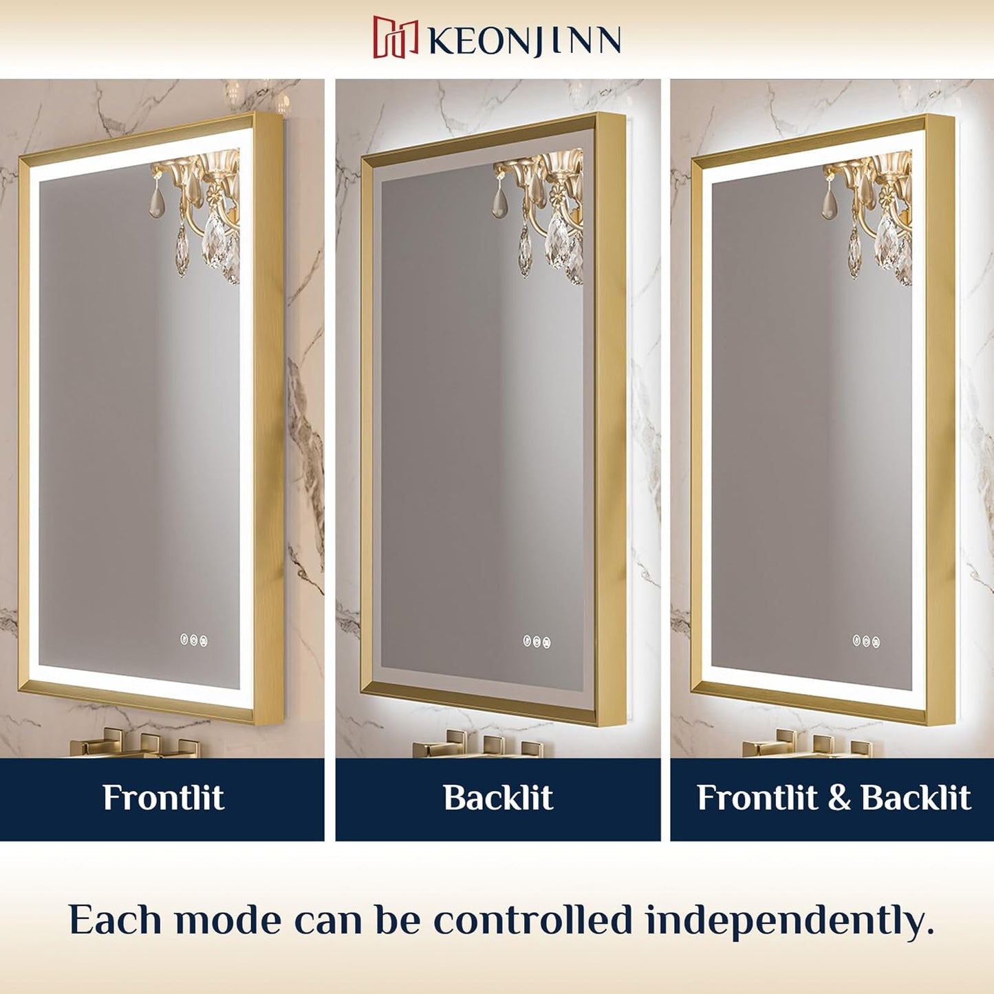 Keonjinn Gold LED Bathroom Mirror 20 x 28 Inch with Frontlit & Backlit, Lighted Mirrors Metal Framed for Wall, Stepless 3 Colors Lights, Anti Fog, Tempered Glass, Brighter and No Dark Corner