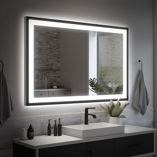 40x24 LED Bathroom Mirror - Black Aluminum Framed, Front and Backlit, Anti-Fog, Stepless Dimmable Lighted, 3 Colors Smart Vanity Mirror (Horizontal/Vertical)