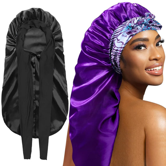 2Pcs Bonnets for Women Sleeping Braid Bonnet, Large Long Satin Silk Bonnet for Braids, Black Women Braid Bonnets with Stretchy Tie Band for Sleeping Extra Long (Black & Purple Pattern)