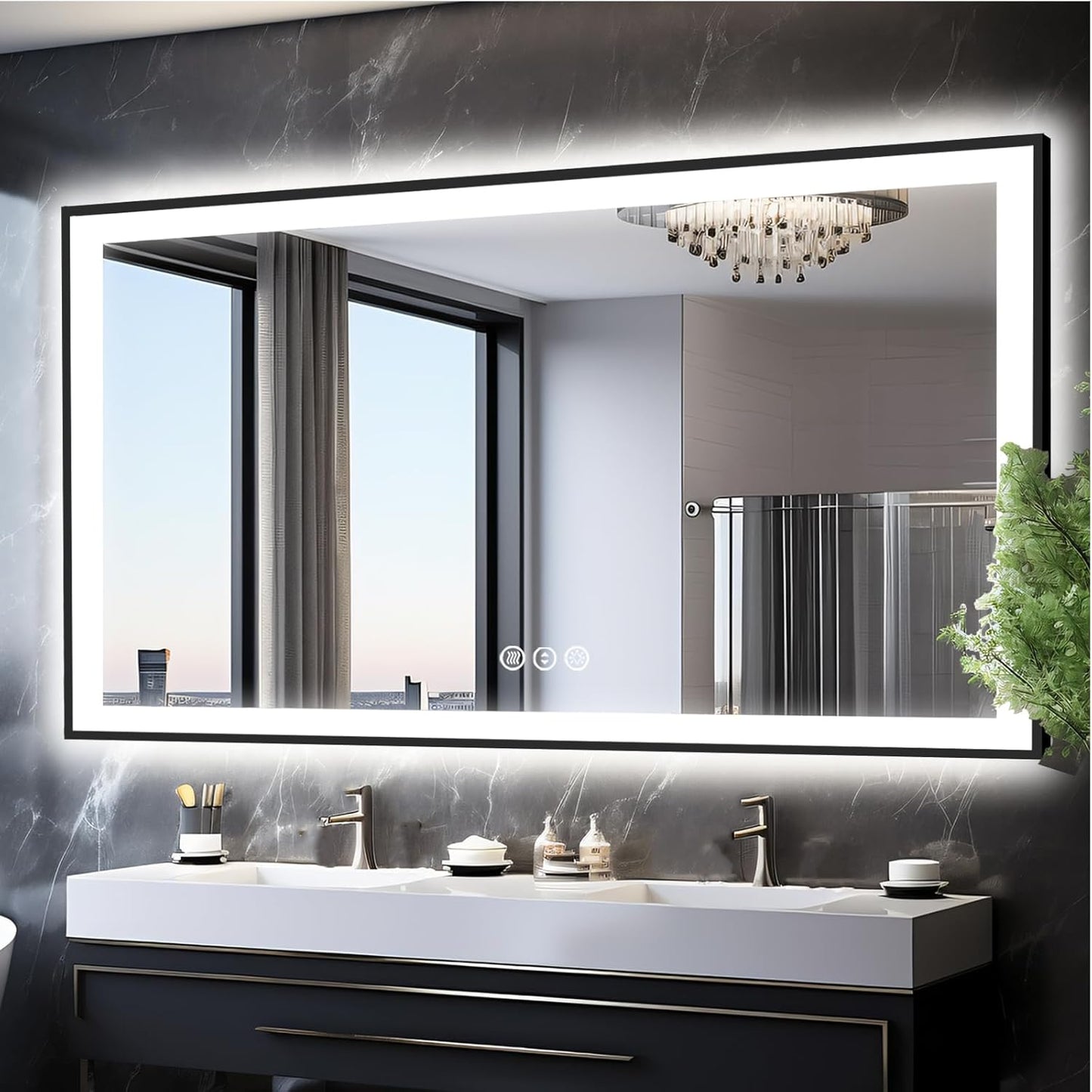 72x40 Large Light up Bathroom Mirror, Wall-Mounted LED Vanity Mirrors, Black Trim and Double Lights, 3 Colors and Stepless Dimming, Anti-Fog, Memory, Shatterproof (Horizontal/Vertical)