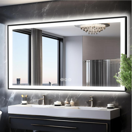 72x40 Large Light up Bathroom Mirror, Wall-Mounted LED Vanity Mirrors, Black Trim and Double Lights, 3 Colors and Stepless Dimming, Anti-Fog, Memory, Shatterproof (Horizontal/Vertical)