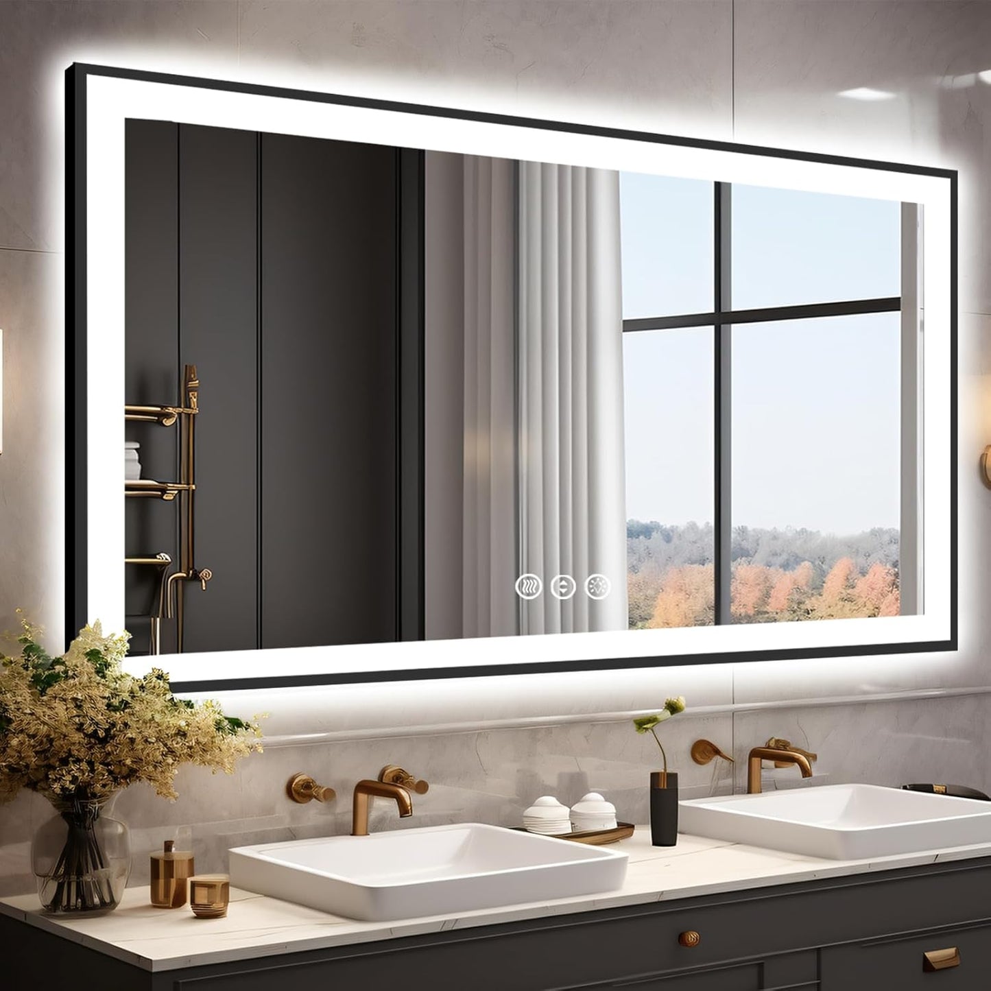 55x36 LED Bathroom Mirror, Black Aluminum Framed, Backlit + Front-Lit, 3 Colors Temperature Changeable, Dimmable Vanity Mirror, Tempered Glass, Defog, Waterproof, Memory (Horizontal/Vertical)