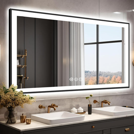 55x36 LED Bathroom Mirror, Black Aluminum Framed, Backlit + Front-Lit, 3 Colors Temperature Changeable, Dimmable Vanity Mirror, Tempered Glass, Defog, Waterproof, Memory (Horizontal/Vertical)