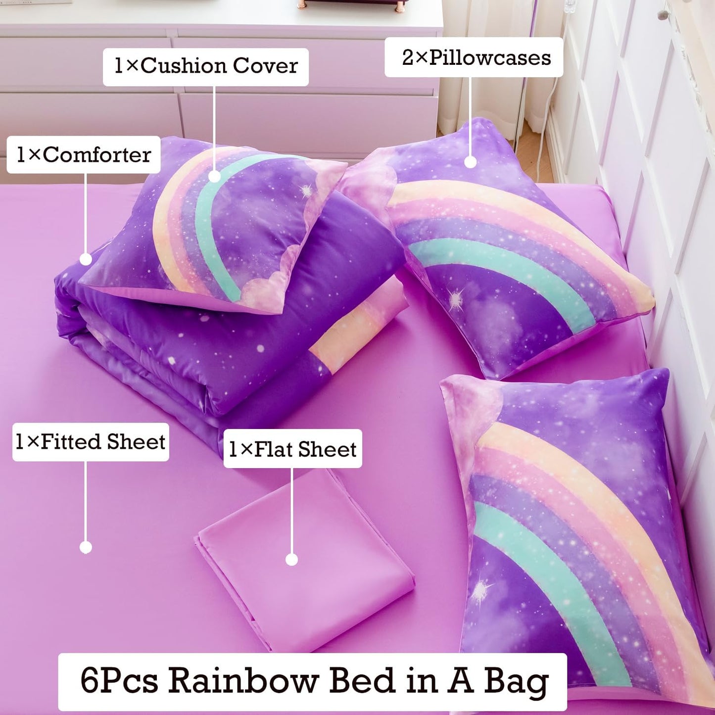 ANGIYUIN 6Pcs Gradient Purple Queen Size Comforter Set for Girls 3D Colorful Rainbow Galaxy Bed in A Bag Gradient Glitter Bedding Comforter Sets for All Season