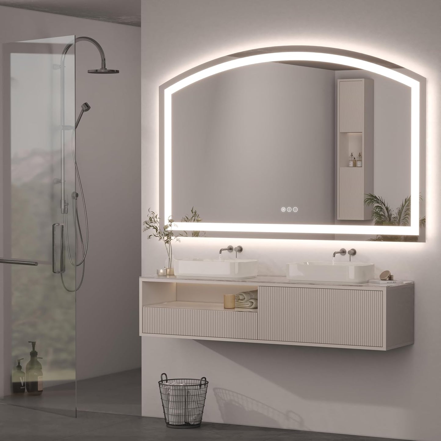 Hasipu 55x36 Inch LED Bathroom Mirror Arch Vanity Mirror with Lights Frontlit Smart Touch Sensor Dimmable 3 Colors Temperature Shatterproof Wall-Mounted Vanity Mirror Metal Frame