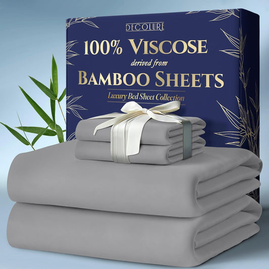 DECOLURE 100% Viscose Derived from Bamboo Sheets Queen Size 4pcs - Ultra Soft & Luxuriously Cooling, 17" Deep Pocket, Double Stitching, Perfect for Hot Sleepers - Queen Bed Sheets (Midgrey)