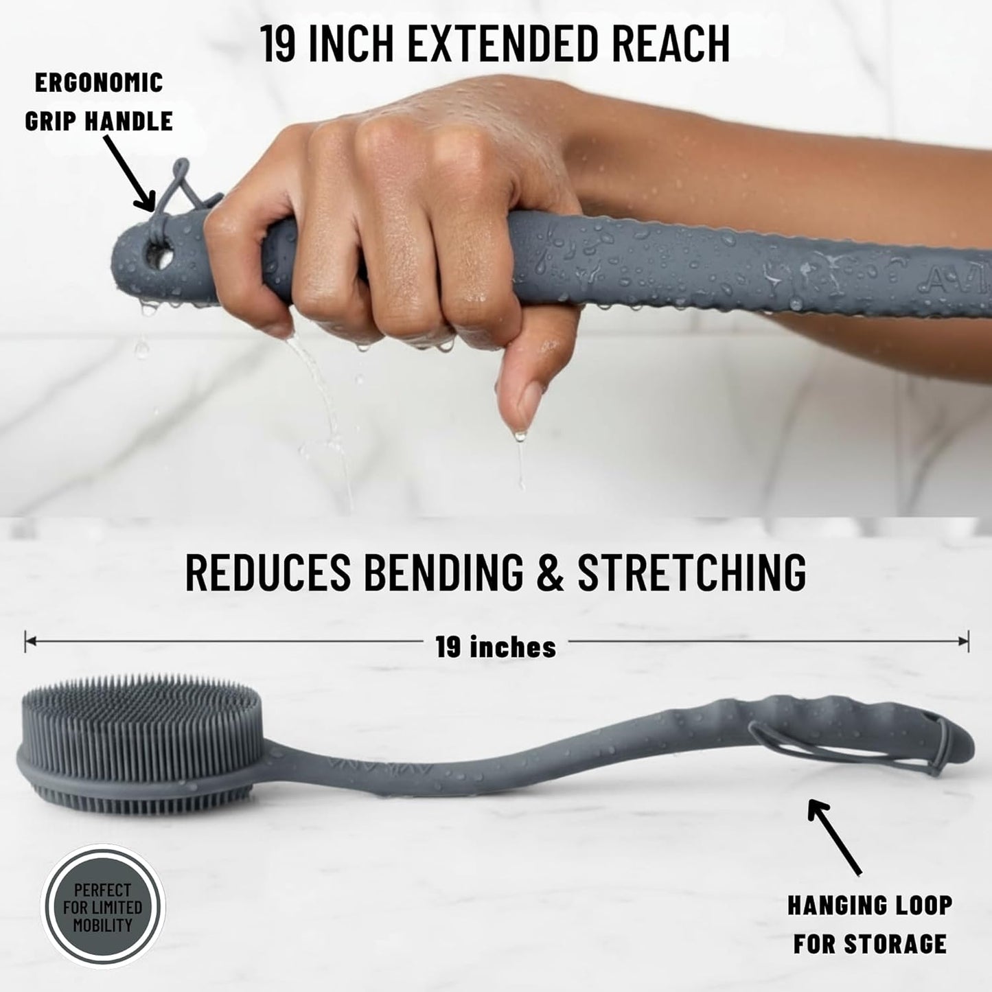 Long Handle Back Scrubber for Shower - 19 inch Extended Reach Silicone Body Brush - Avilana Bath Scrubber Extended Reach Tool - Easy Grip Body Wash Brush Gift