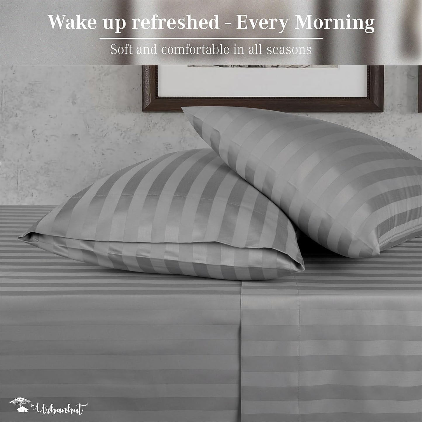 URBANHUT 1000 Thread Count Damask Striped Twin Size Egyptian Cotton Sheets, Long Staple Soft & Breathable, 4 Pc Bed Sheet Sets, Luxury Hotel Sateen Sheets Fits 16" Deep Pocket - Dark Grey