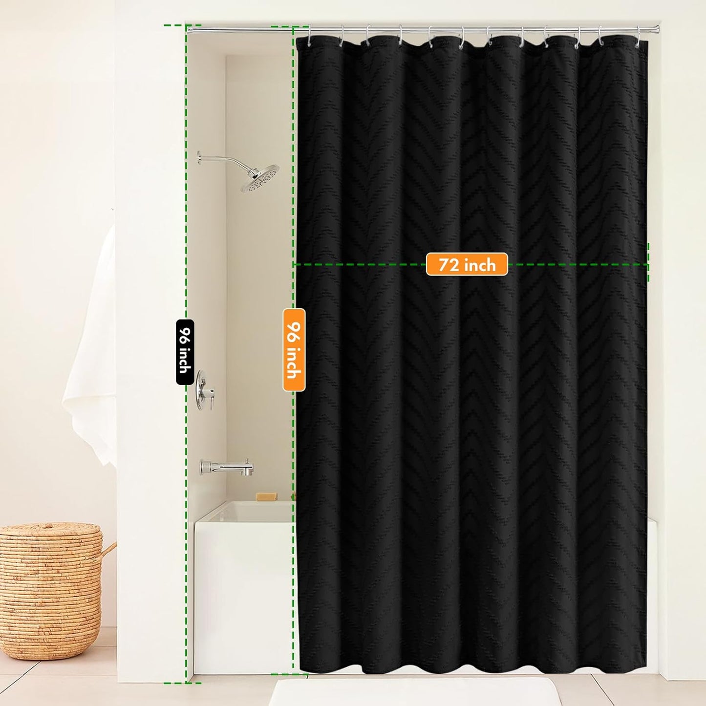 Extra Long Black Boho Shower Curtain 96 Inch Black Tufted Chevron Striped Fabric Shower Curtains for Bathroom Modern Shabby Chic Waterproof Cloth Shower Curtain Set with Hooks