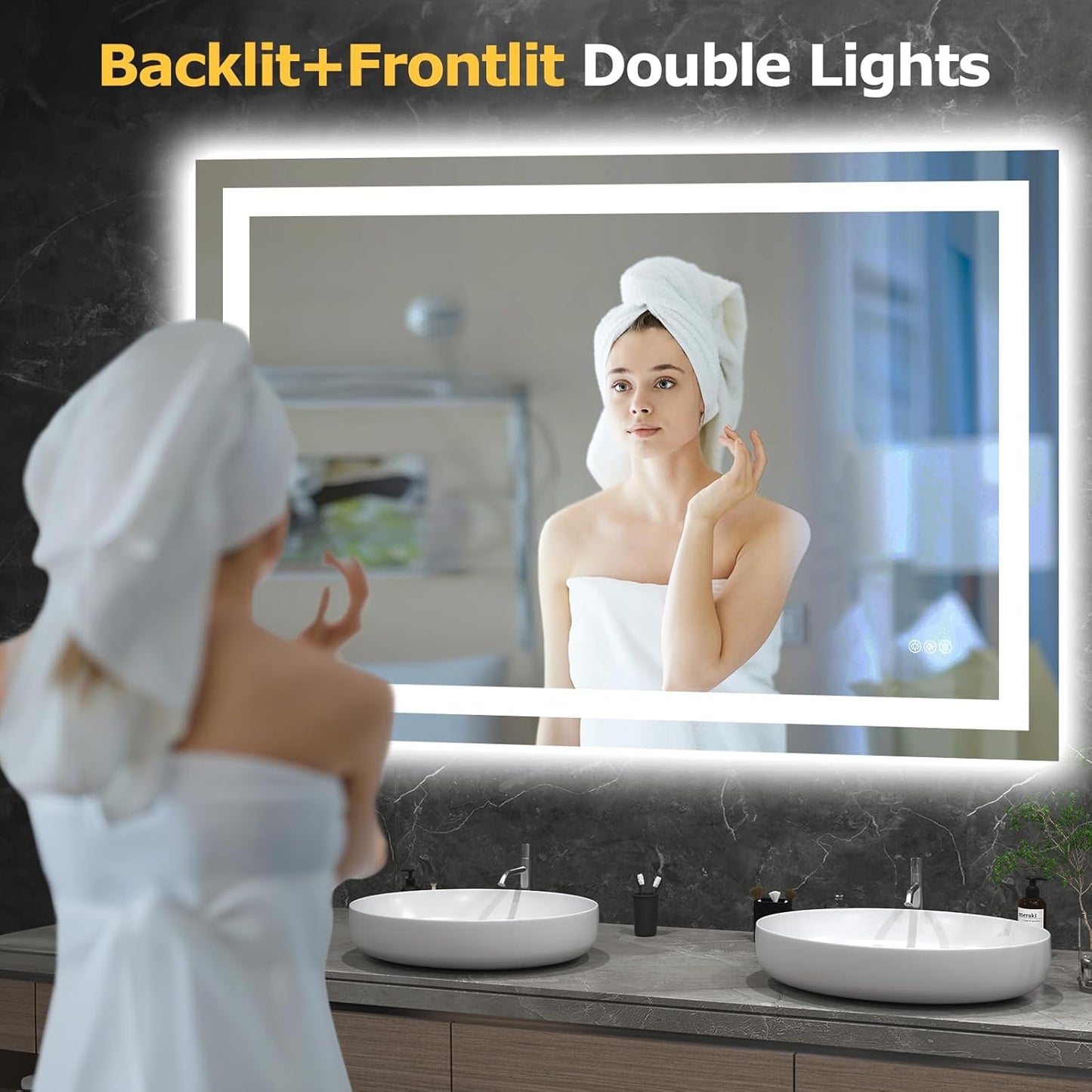 48X32 LED Bathroom Mirror with Lights, Anti-Fog, Dimmable, Backlit + Front Lit, Smart Bathroom Vanity Mirror, Memory Function, Shatterproof, Tempered Glass (Horizontal/Vertical)
