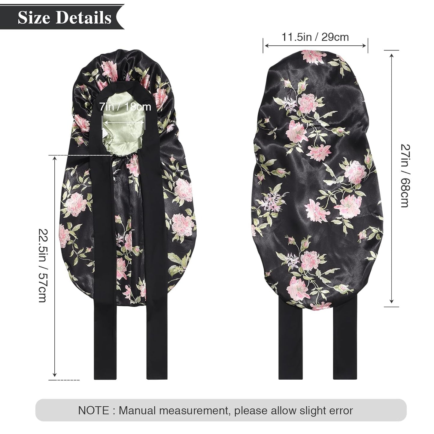 AWAYTR Long Satin Bonnet for Women - Double Layer Elastic Silk Bonnet for Braids Hair Sleeping Cap with Tie Band (Black Flower+Green)
