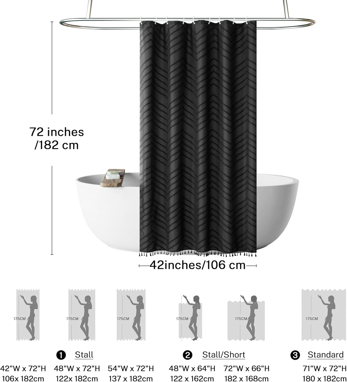 Stall Boho Shower Curtain Black Tassel Woven Fabric Shower Curtain 42 x 72 Modern Farmhouse Textured Tufted Chevron Striped Minimalist Bathroom Shower Curtain