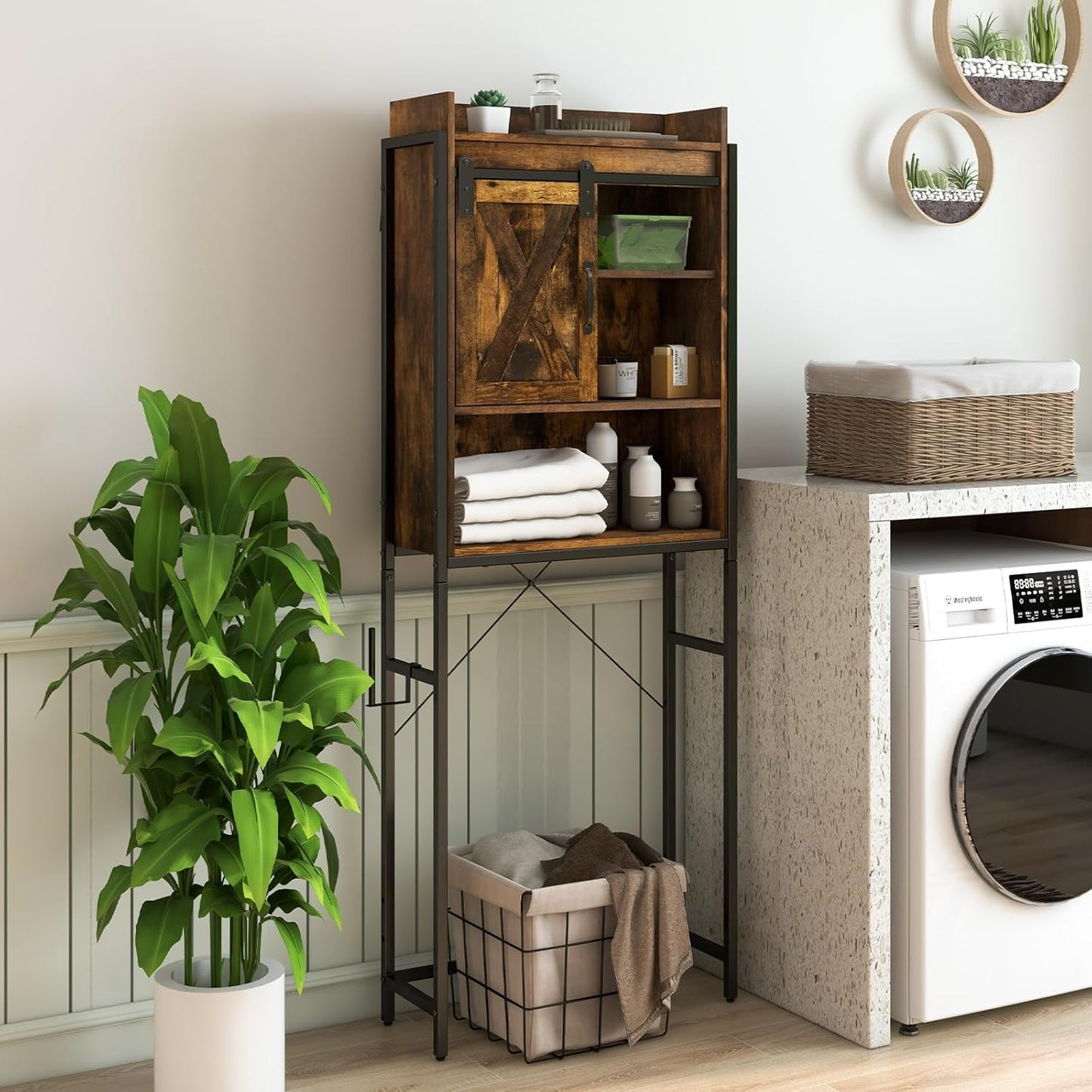 Giantex Over The Toilet Storage Cabinet - Freestanding Bathroom Organizer Rack with Adjustable Shelf, Sliding Barn Door, Paper Holder, Bathroom Space Saver, Above Toilet Storage Cabinet (Brown)
