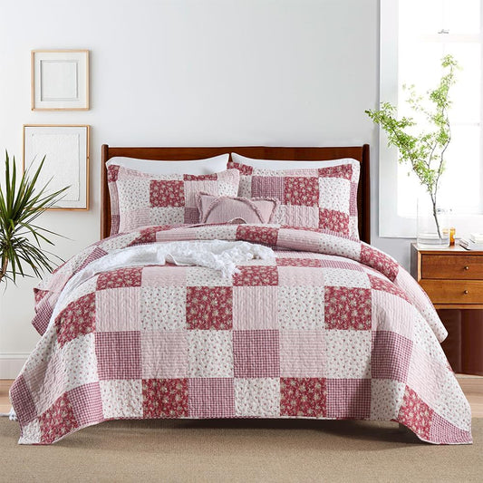 ENASAL Cotton Bedspread Quilt Bedding Sets Reversible Coverlet Sets Comforters Plaid Floral Red White Patchwork Pattern Bedspread for All Season, King Size