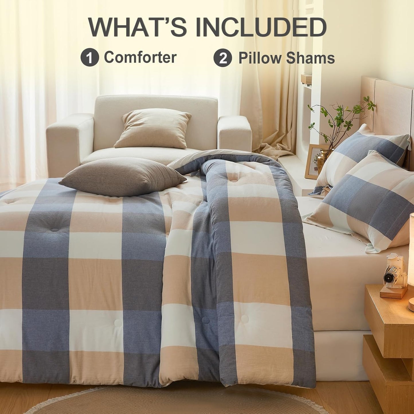 100% Cotton Comforter Set Full Size – Reversible Yarn-Dyed Checkered Design, Soft Washed Cotton on Both Sides, Lightweight All-Season Bedding, Machine Washable(Blue White Plaid, 80”x90”)