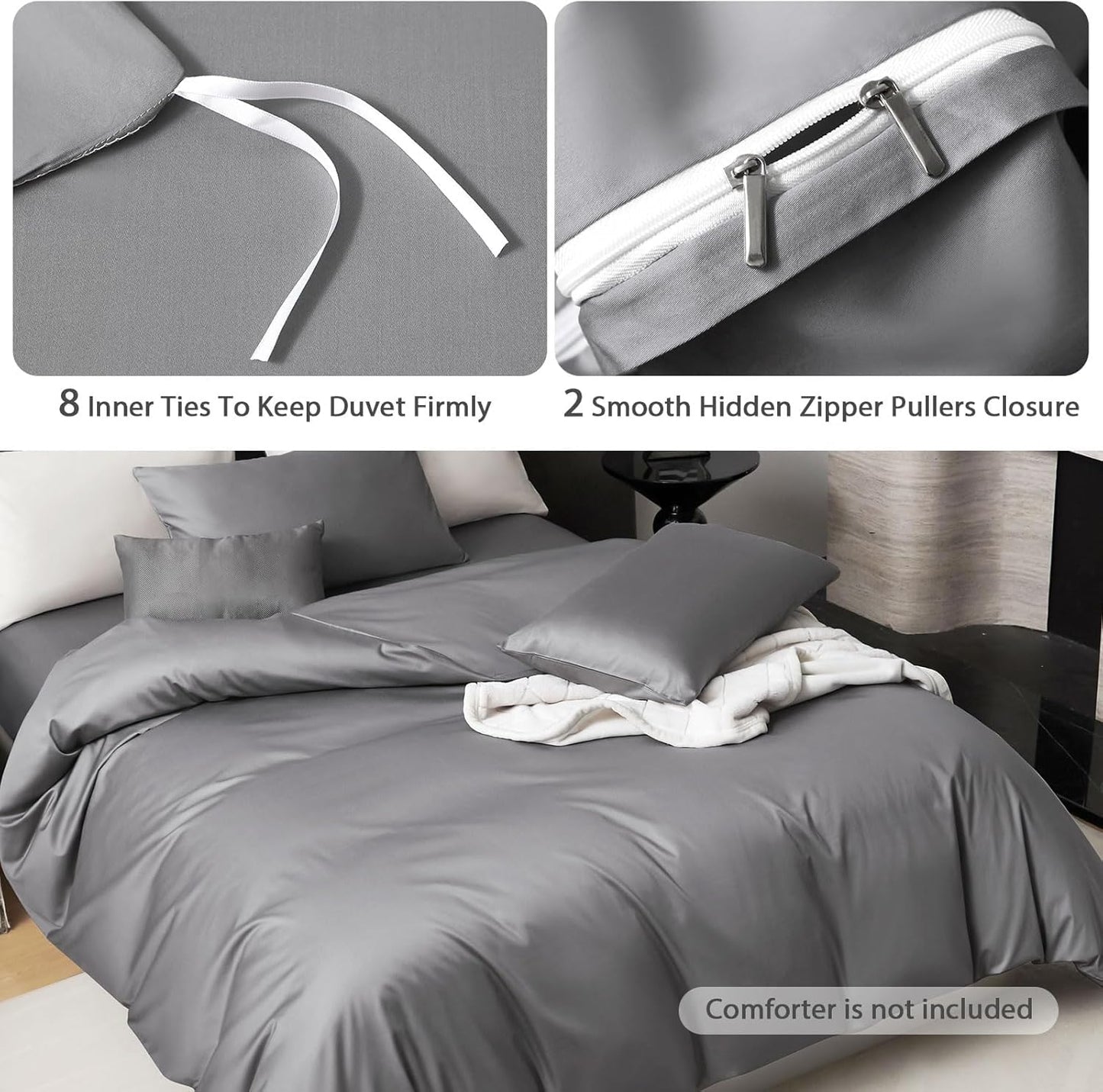 PURE ERA Duvet Cover Set 800 Thread Count Long Staple Cotton Sateen Silky Soft Luxurious Smooth 3 Piece Set Solid Deep Grey King