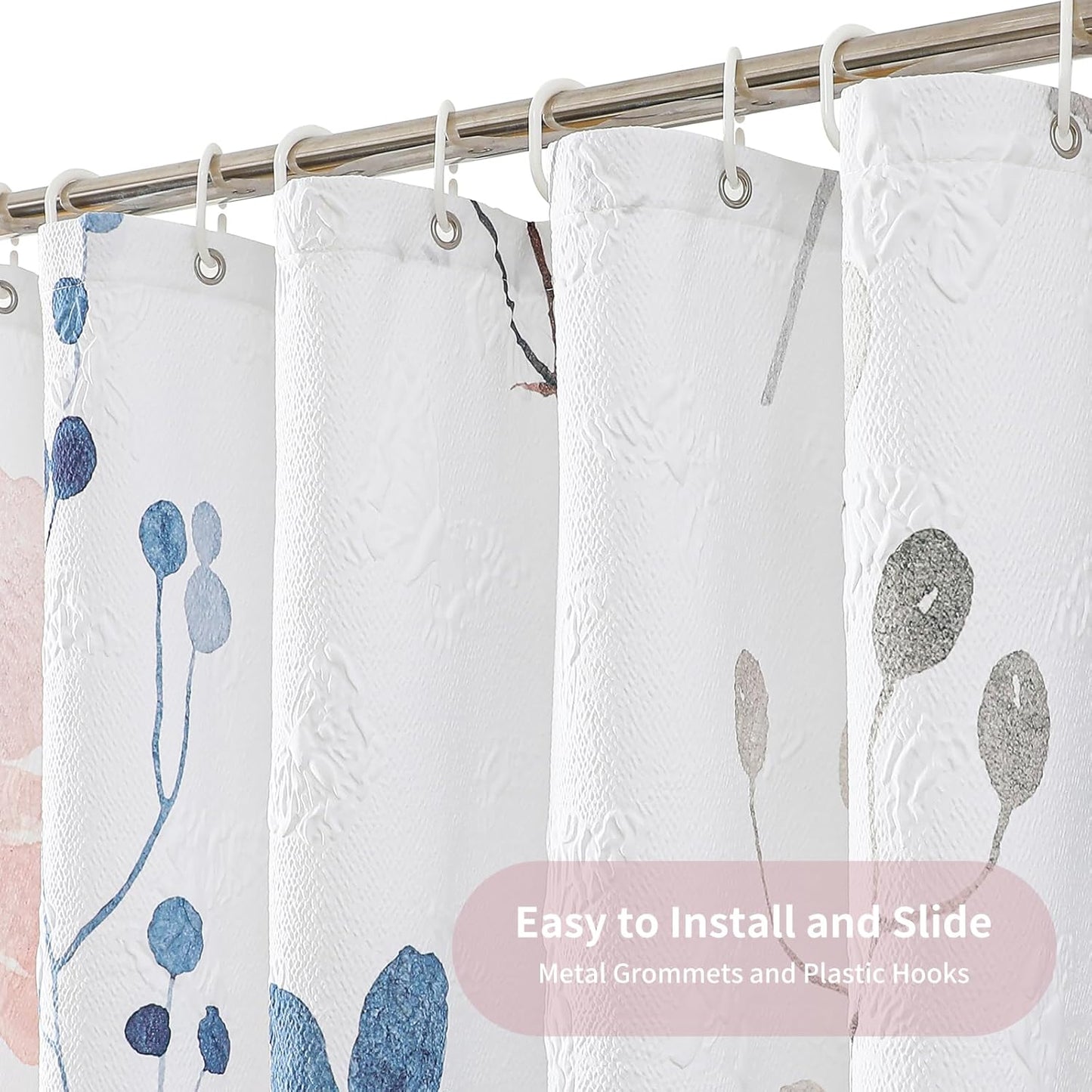 QiyI Watercolor Floral Shower Curtain, 3D Embossed Butterflies Pink Blue Bathroom Curtain, Minimalist Farmhouse White Bath Curtain, Waterproof Fabric Flower Shower Curtain Set with Hooks, 72x72