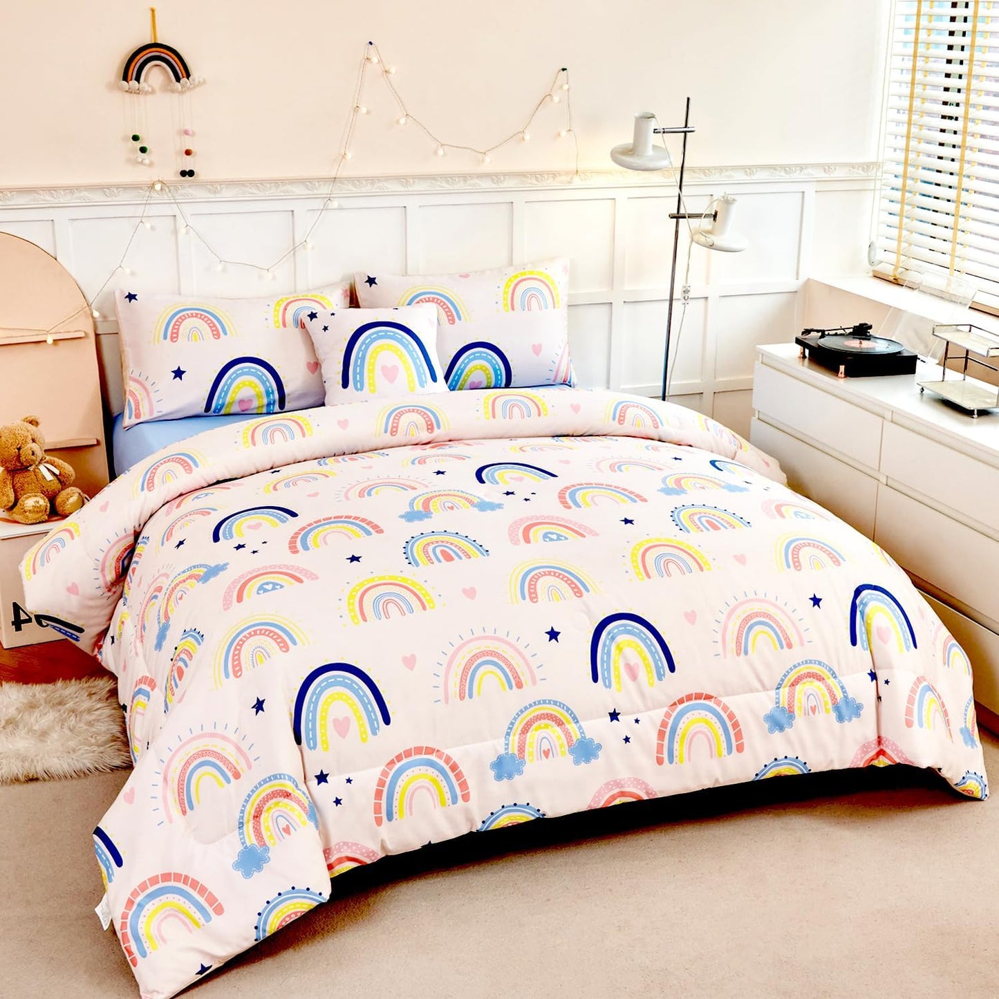 ANGIYUIN 6 Pieces Beige Rainbow Girls Full Size Comforter Set Cartoon Love Hearts Stars Bedding Set for Kids Girls Cute Soft Lightweight Bed in A Bag with Rainbow Comforter, Sheets, Pillowcases