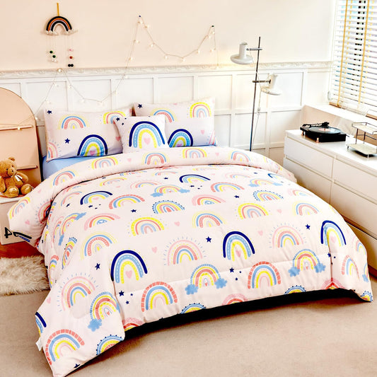 ANGIYUIN 6 Pieces Beige Rainbow Girls Full Size Comforter Set Cartoon Love Hearts Stars Bedding Set for Kids Girls Cute Soft Lightweight Bed in A Bag with Rainbow Comforter, Sheets, Pillowcases