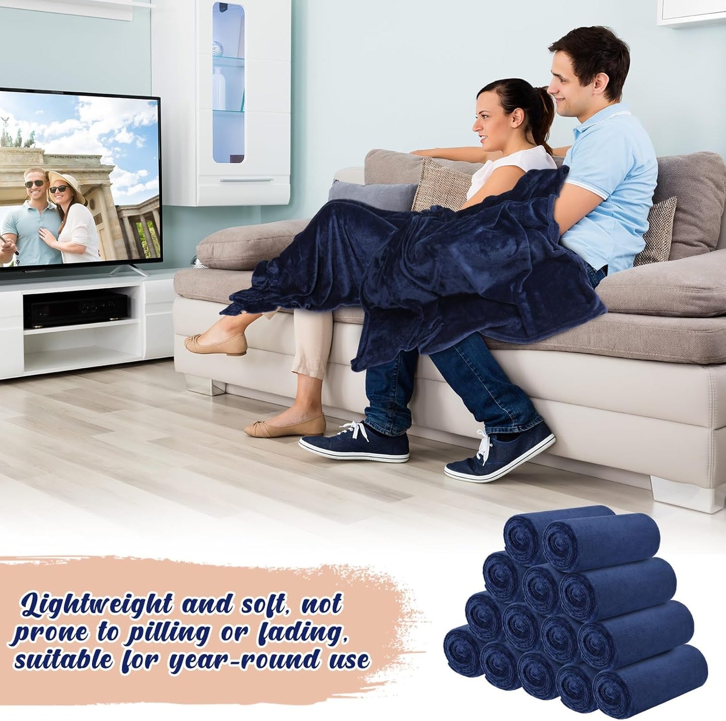 18 Pieces Fleece Blankets Bulk for Wedding 50 x 60 Inch Soft Lightweight Flannel Throw Blankets Bulk for Wedding Guests Home Outdoor Couch Sofa Bed Gifts(Dark Blue)