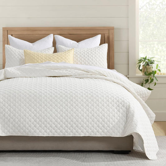HORIMOTE HOME Cream Quilt Queen Size, Lightweight Quilt for Summer Ultra-Soft Microfiber Modern Style Quilted Clouds Pattern Bedspread Quit Set 3 Pieces(1 Quilt and 2 Pillow Shams)