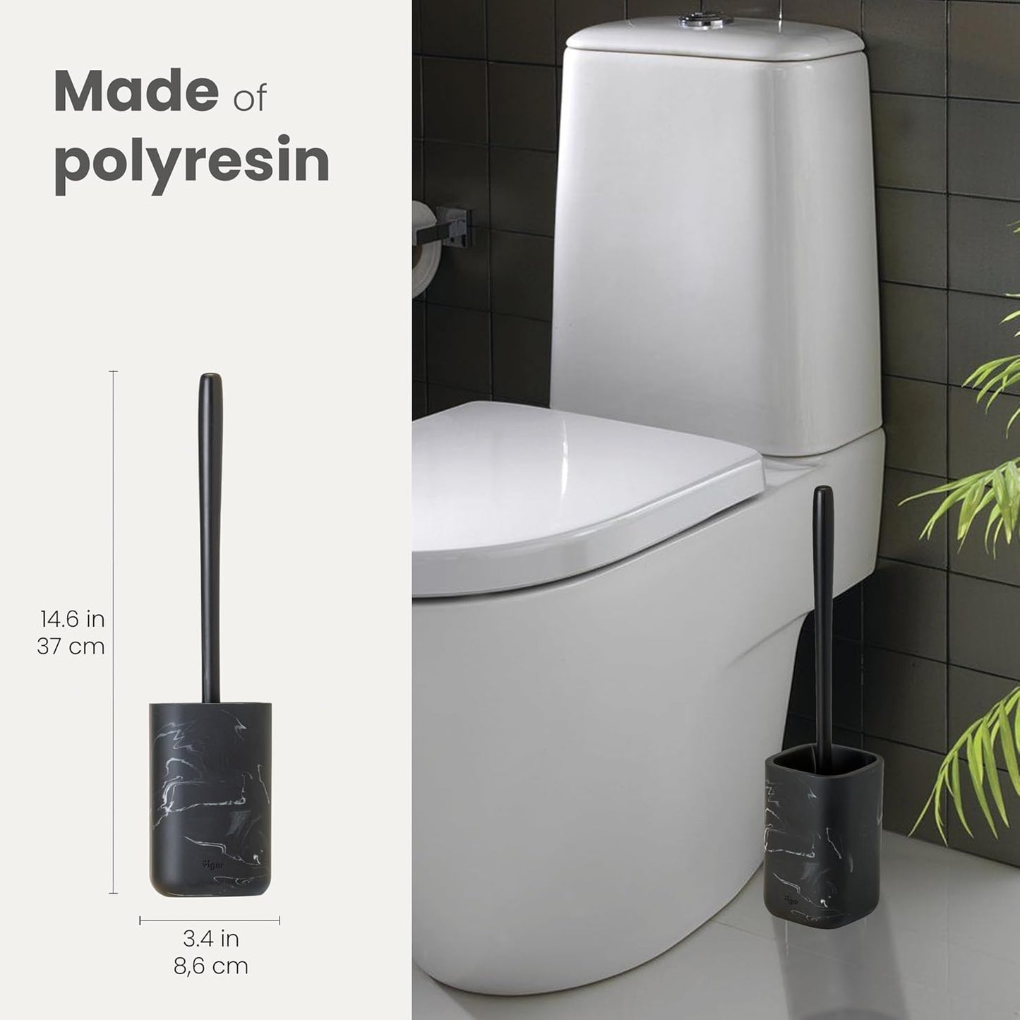 Vigar Zense Toilet Brush and Holder Set, Toilet Bowl Brush with Polyresin Stone Holder, Bathroom Sets for Bathroom Decor and Accessories, Black Marble