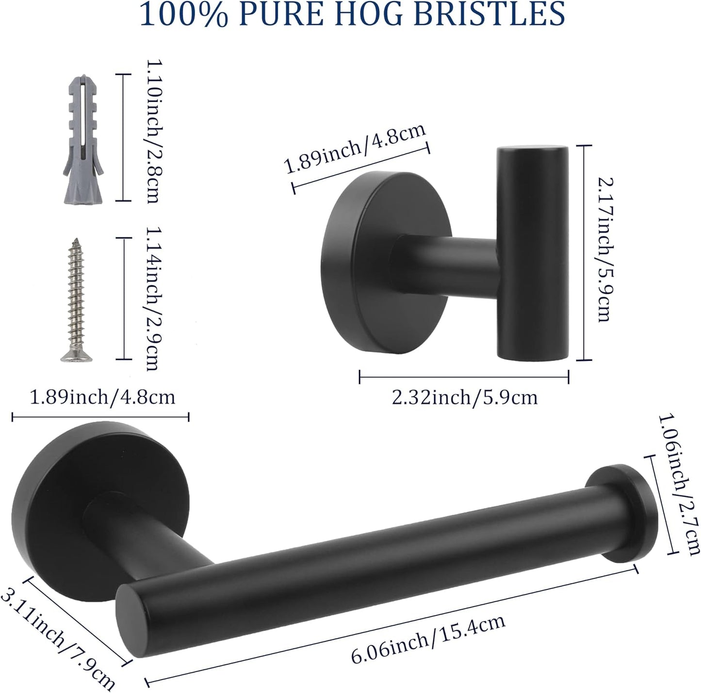 Matte Black Bathroom Hardware Set, Premium Stainless Steel 3-Piece Include 5 Inch Toilet Paper Holders and 2 Towel Robe Holder Hook for Bathroom, Kitchen, Washroom Wall Mount