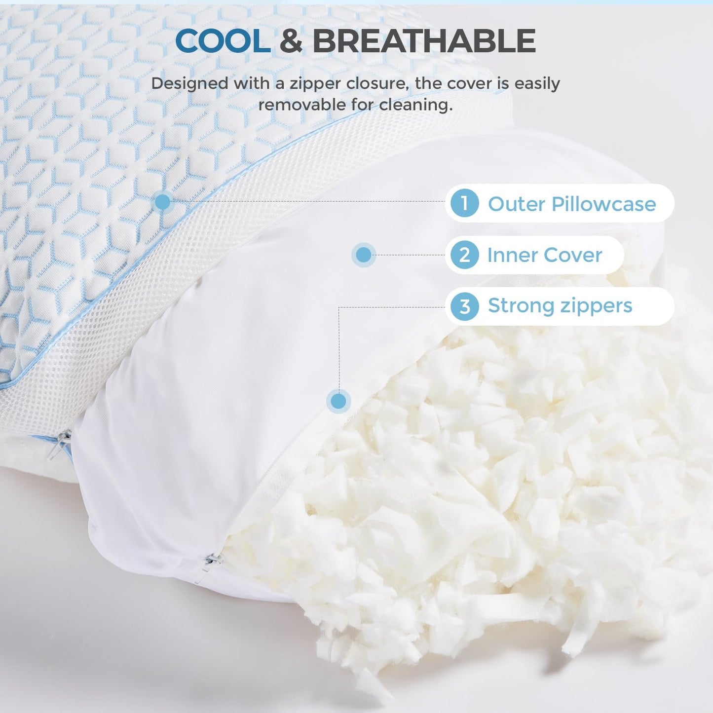 Sweetnight Cooling Pillows King Size Set of 2, Shredded Memory Foam Pillows 2 Pack for Hot Sleepers, Cold Bed Pillows for Sleeping, Washable with Removable Cover, Cool Night