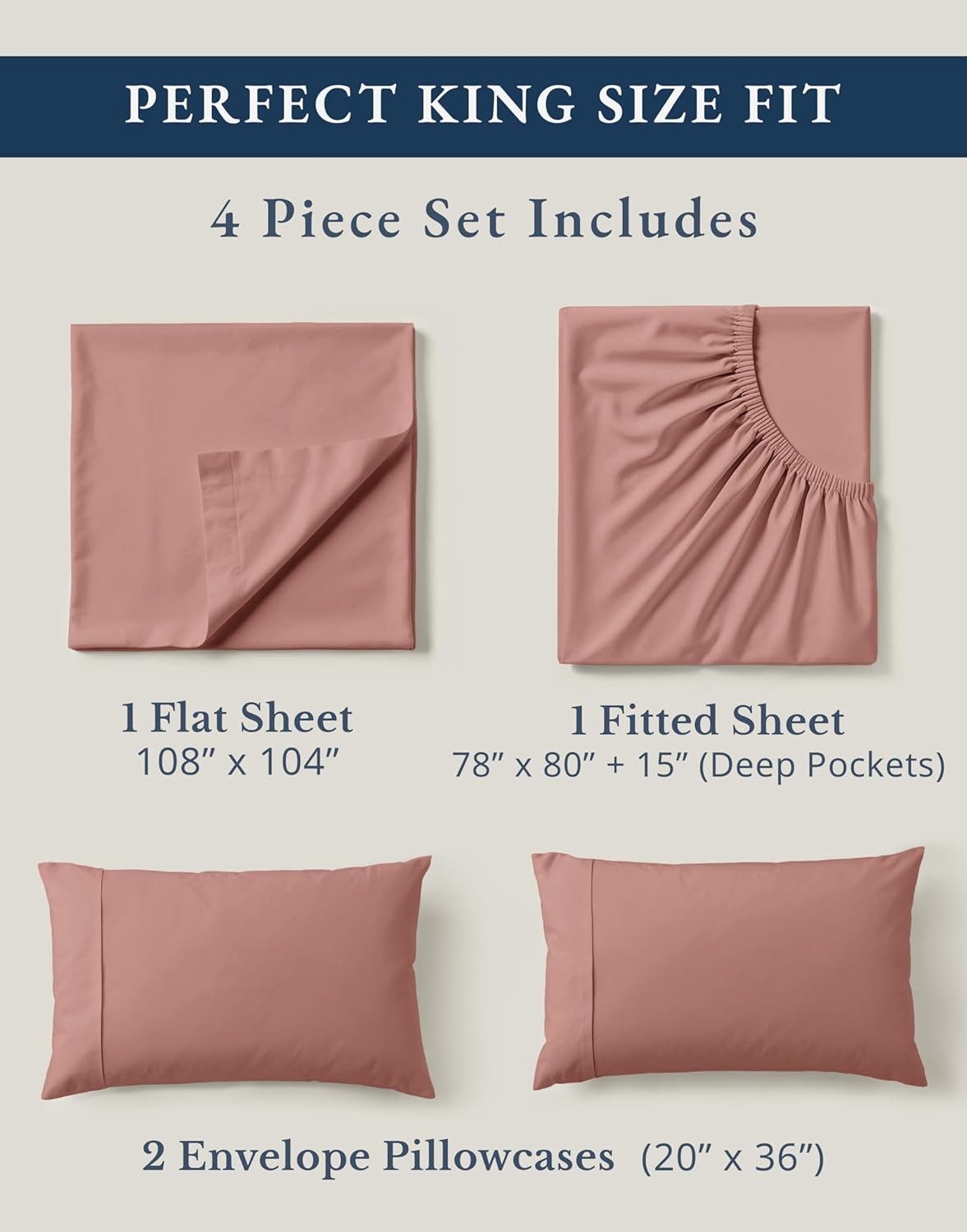 LANE LINEN 100% Organic Cotton Fully Elasticized King Sheet Set, Low Pilling Fade Resistant Machine Washable Naturally Cooling King Bedding Set, Mercerized Soft & Comfy Cotton Sheets – Rose Dawn