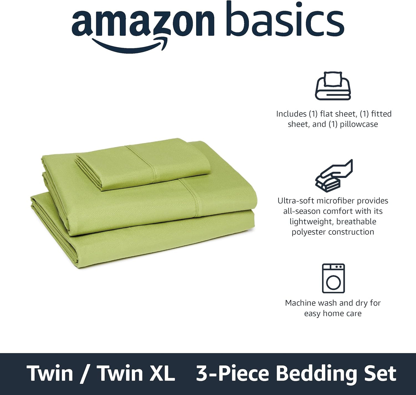 Amazon Basics Lightweight Microfiber 3-Piece Bed Sheet Set, Oliver Light, Solid, Twin XL