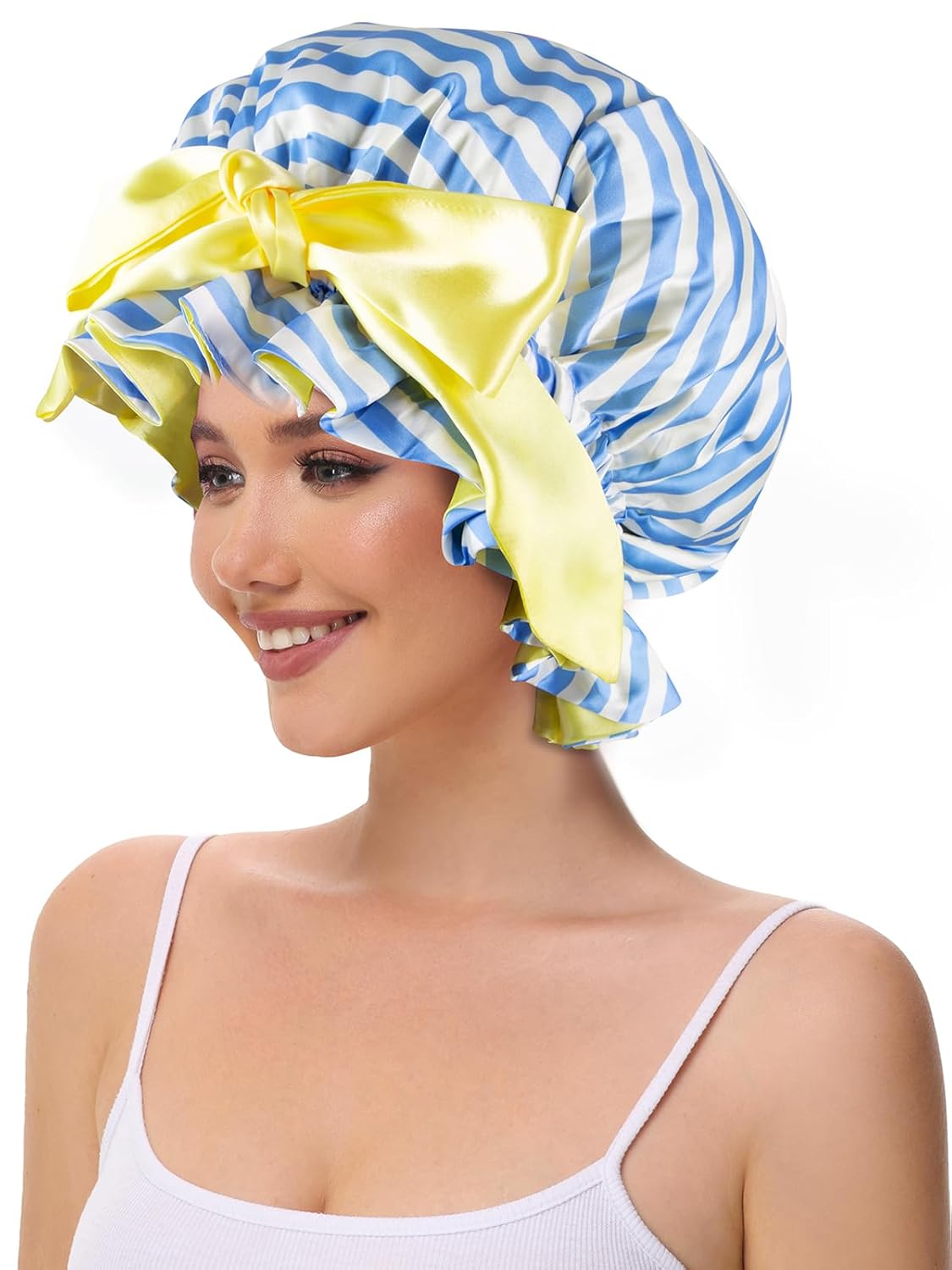 Silk Bonnet, Satin Hair Shower Cap for Sleeping Women 2025 Tie Band Adjustable Straps Head Wrap for Curly Hair Blue Stripe F