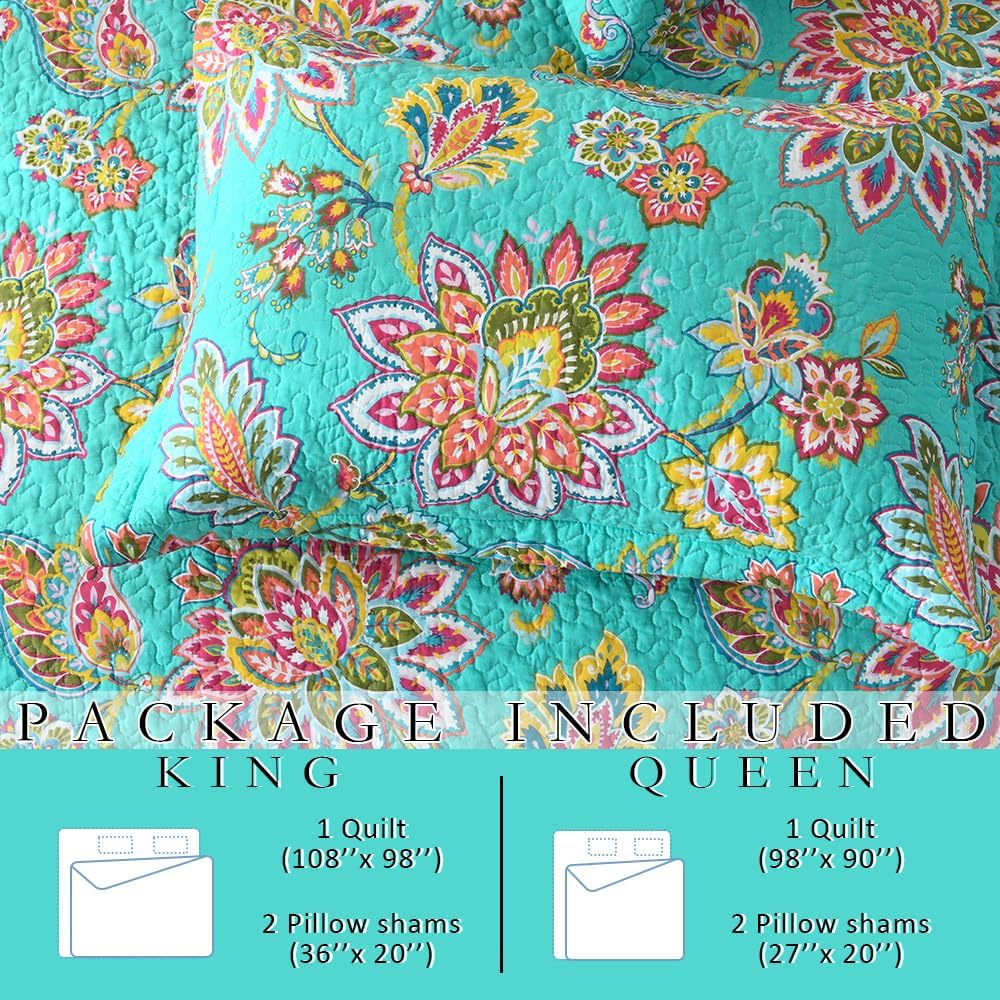 Cotton Bedspread Bedding Coverlet Quilt Sets, Reversible Vintage Branch Floral Bedspread comforters, (Vintage Turquoise Paisley Floral Pattern, King Size)
