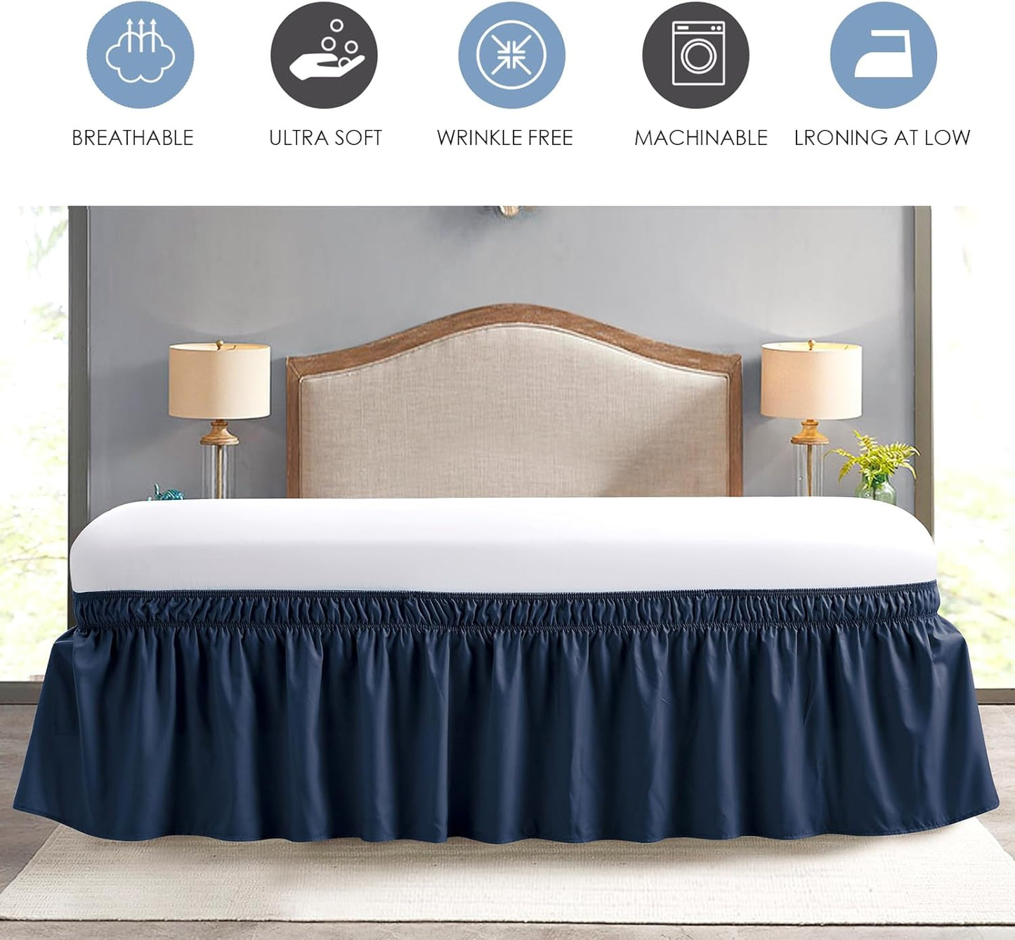FreshCulture King Bed Skirt, Dust Ruffle for King Size Bed, Easy Fit with 15-Inch Tailored Drop, Elastic Wrap Around Bed Skirt King Size, Hotel Quality Bed Skirts for Adjustable Bed (Navy Blue)
