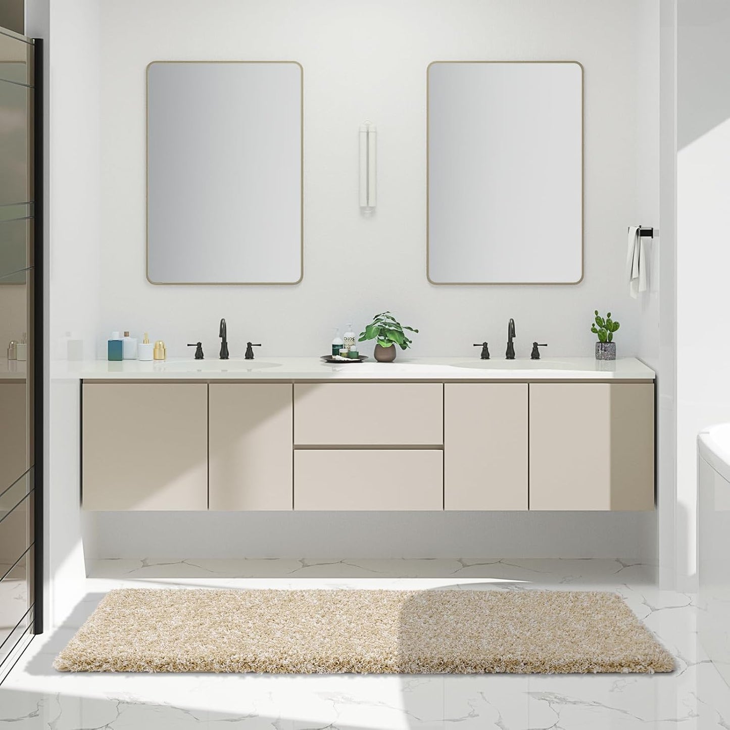 Yimobra Luxury Bathroom Rugs, Fluffy Bath Mats, Non Slip, Water Absorbent Microfiber, Machine Washable, Plush Runner Shower Rugs, Thick Matts for Bathroom Floor/Tub, 70"x 24", Light Beige and White