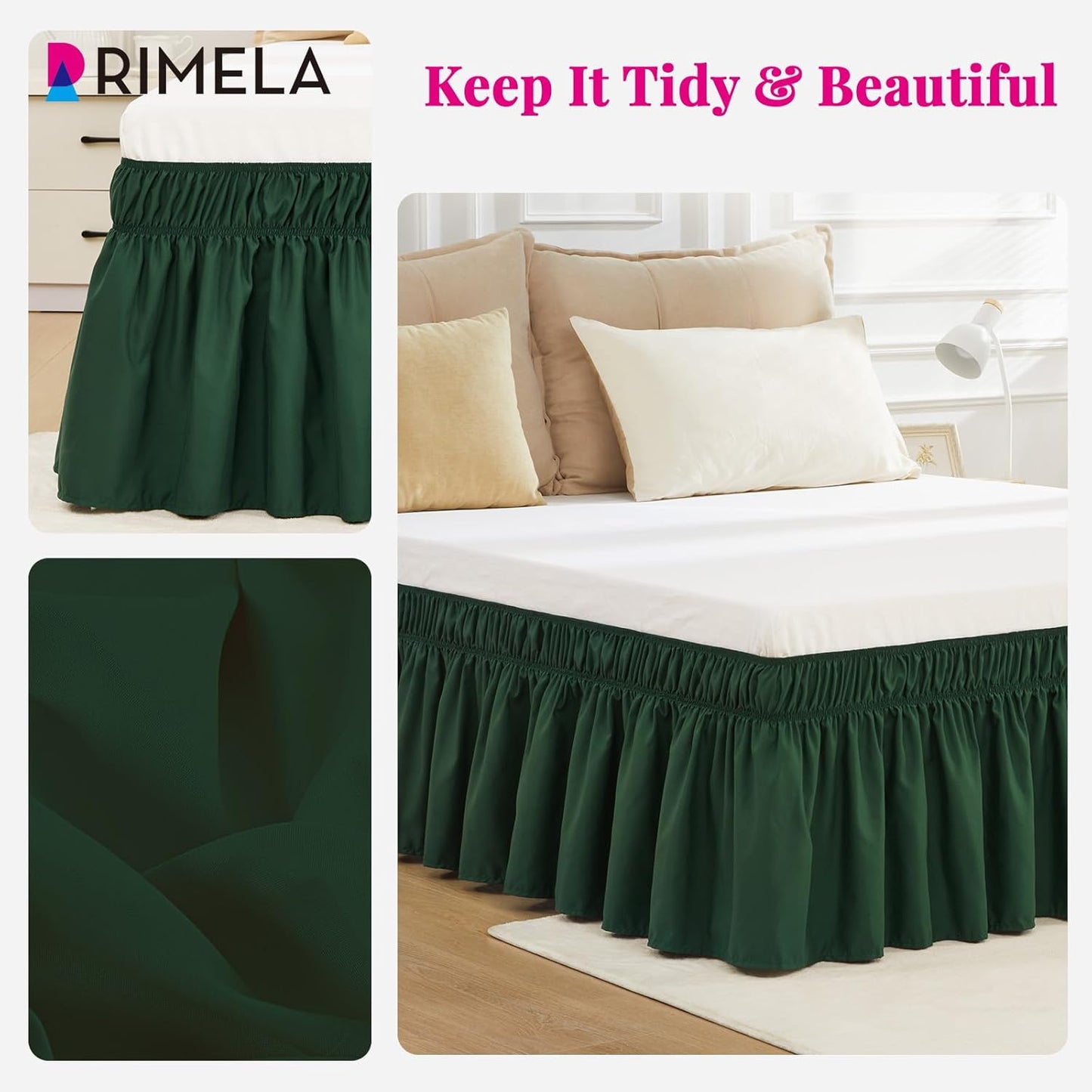 RIMELA Dark Green Bed Skirt King Size 15 Inch Drop, Elastic Wrap Around Bed Skirt King Dust Ruffle for Bed, Soft and Solid Fabric Bedding Bedskirt Machine Washable Easy to Install