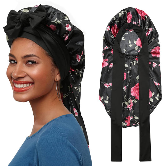 AWAYTR Long Satin Bonnet for Braids - Elastic Silk Hair Bonnets for Sleeping Night Cap Stretchy Tie Band for Women（Flower C）