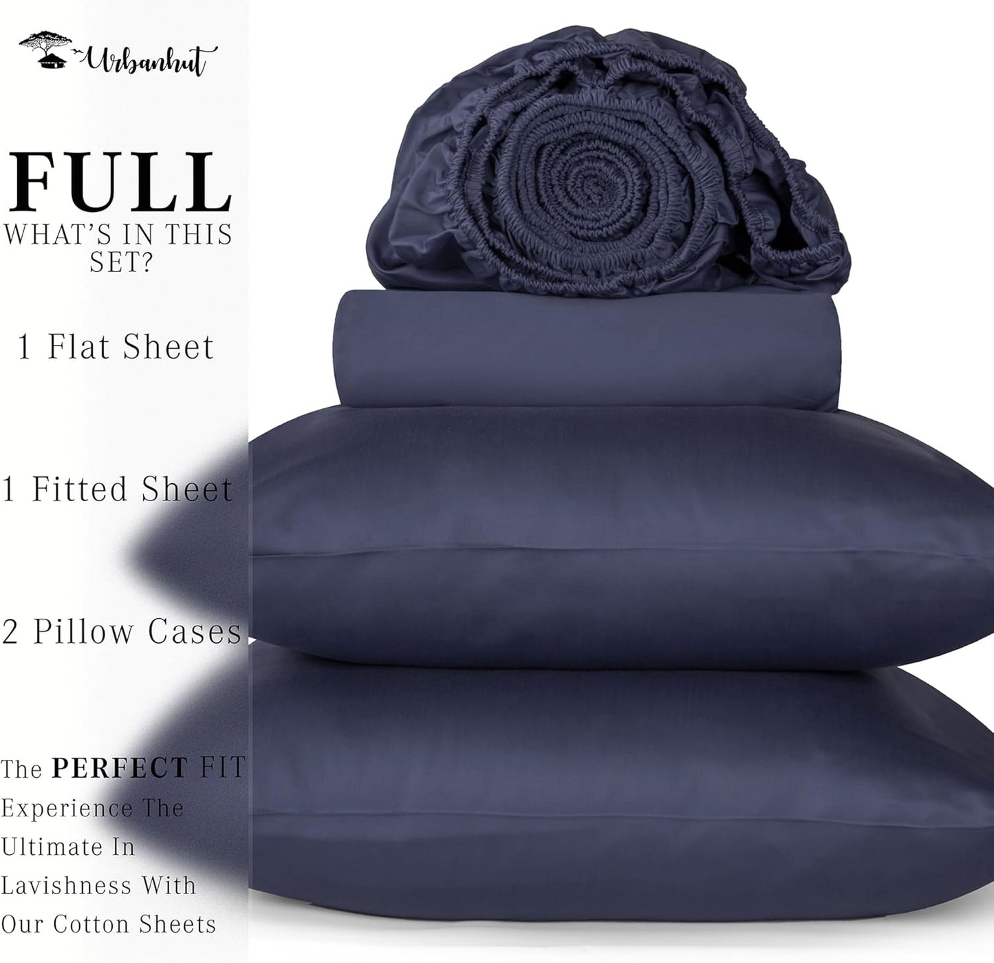URBANHUT 1000 Thread Count Full Sheet Set Egyptian Cotton Sheets, Long Staple Soft & Breathable, 4 Pc Bed Sheet Sets, Luxury Hotel Sateen Sheets Fits 16" Deep Pocket - Navy Blue