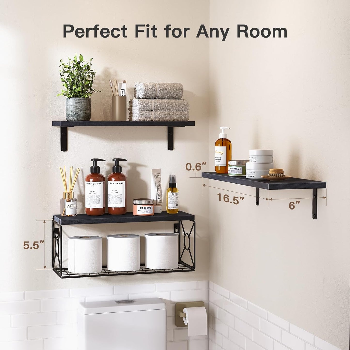 Amada Bathroom Shelves Over Toilet with Storage Basket, Floating Wall Shelves for Home Organization & Wall Decor, Bathroom/Kitchen/Living Room ShelvesBlack