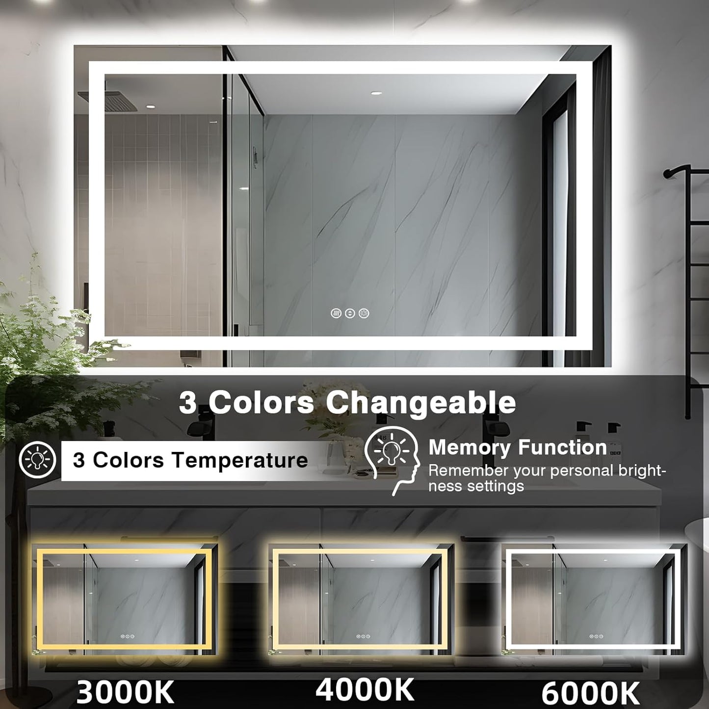 50"x32" LED Lit Bathroom Mirror, Front and Backlit LED Mirror, Anti-Fog Bathroom Mirror with Lights, 3 Colors Stepless Dimmable Mirror, Touch Sense (Horizontal/Vertical)