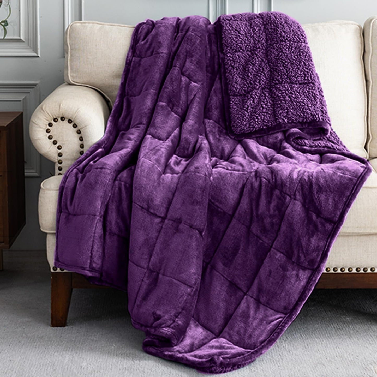 Uttermara Weighted Blanket for Adults, Twin Size Heavy Blanket with Reversible Soft Shiny Velour Fleece and Cozy Warm Sherpa for Couch Bed, Calming and Relaxing, 48 x 72 inches 12 lbs in Purple