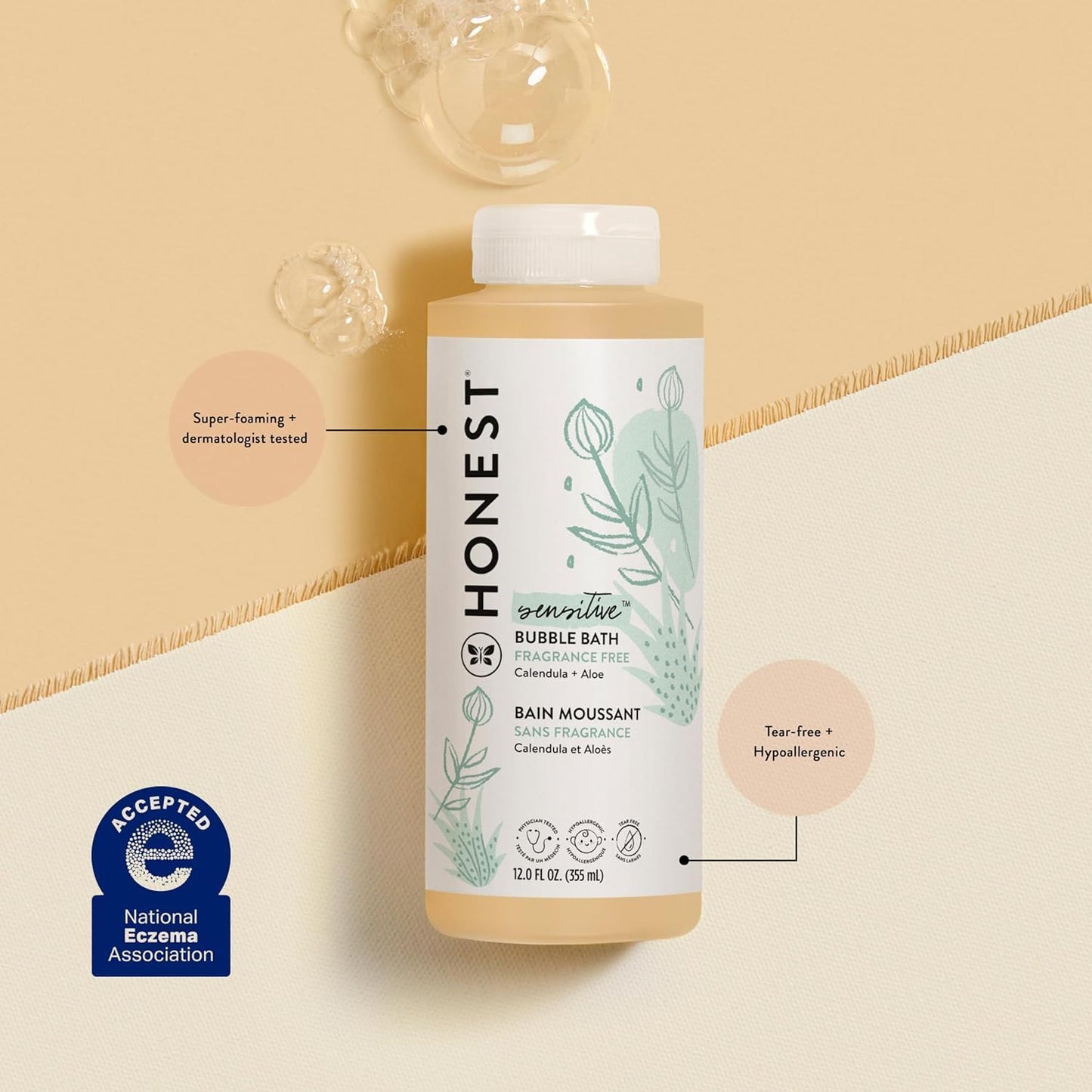 The Honest Company Foaming Bubble Bath Gentle for Baby Naturally Derived Tear-free Hypoallergenic Fragrance Free Sensitive 12 fl oz