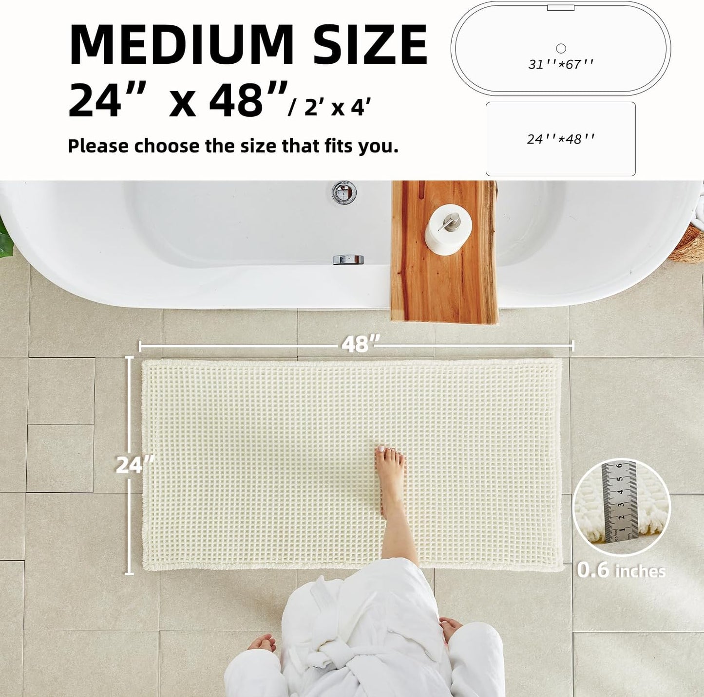 Cream White Bathroom Rugs, Waffle Bath Mat Non Slip Washable Super Absorbent Quick Dry Boho Farmhouse Bathroom Decor, 48"x24" Cream White