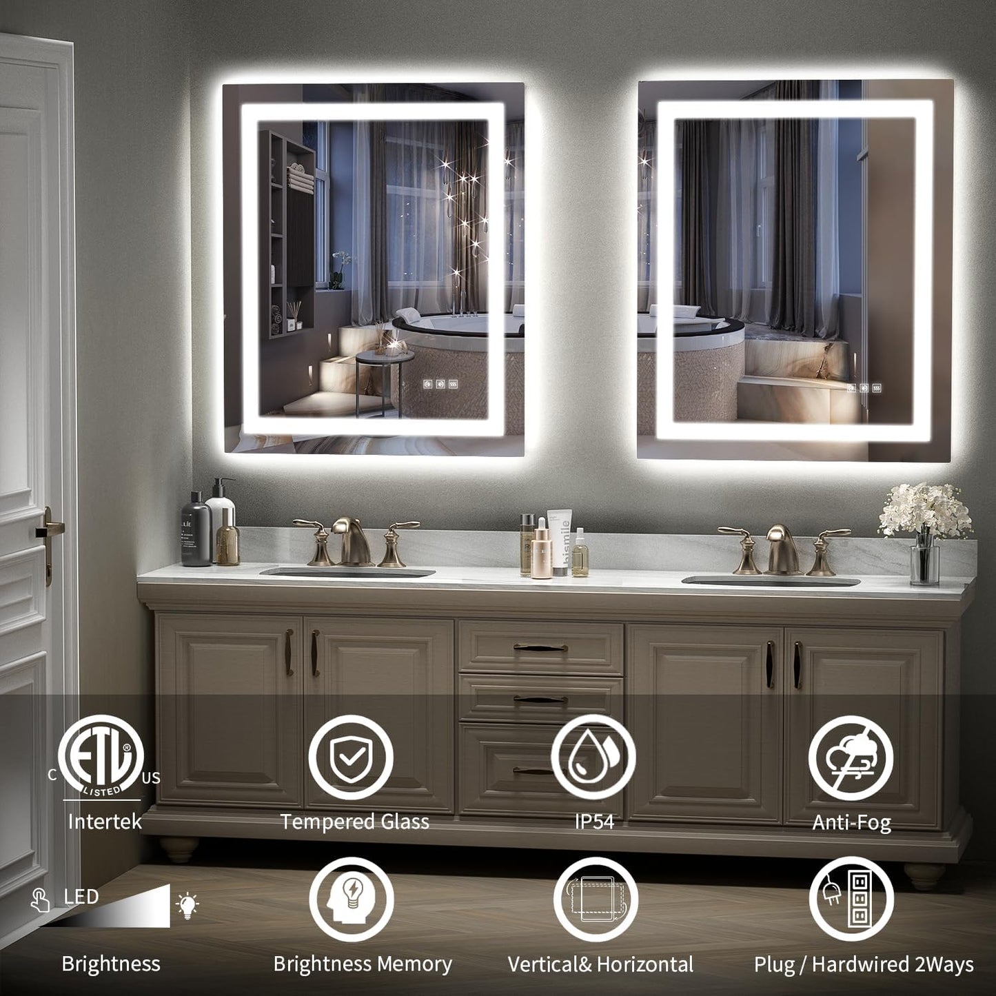 LED Mirror for Bathroom, 30x36 Inch Backlit + Front Lighted Bathroom Vanity Mirror with Lights for Wall, Double Light Strips, 3 Colors, Shatter-Proof, Anti-Fog and Brightness Memory