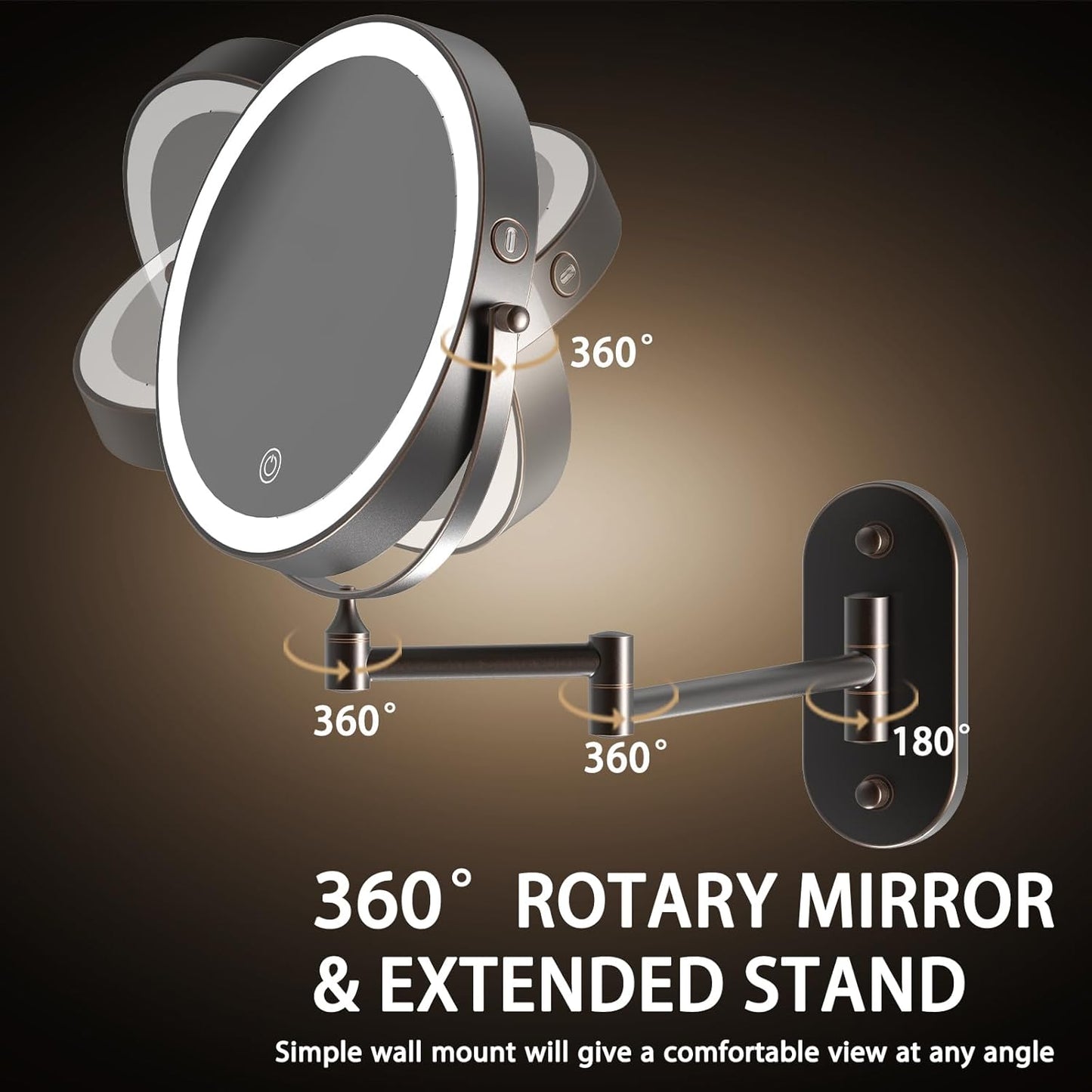 Rechargeable Wall Mounted Lighted Makeup Vanity Mirror 8 Inch Double Sided 1X 10X Magnifying Bathroom Mirror, 3 Color Lighting, Touch Screen Dimming, 360 Rotation Oil Rubbed Bronze