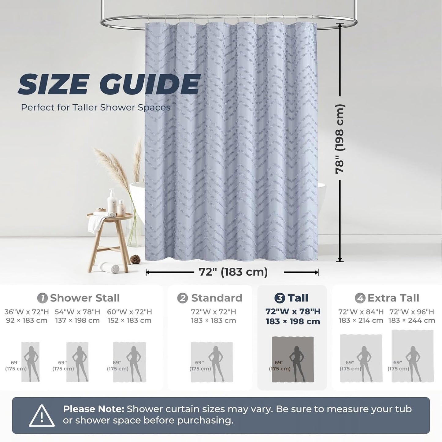78inches Long Light Blue Boho Fabric Shower Curtain Tufted Chevron Striped Textured Cloth Curtains for Bathroom, Fog Blue