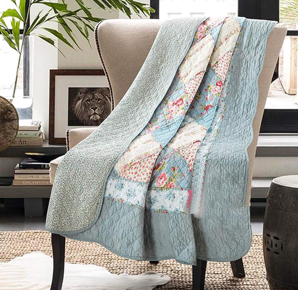 Cozyholy Original 100% Cotton Patchwork Quilt Twin Size Blue Floral Bedspread Coverlet Reversible Vintage Shabby Chic Quilted Throw Blanket Bed Quilt Cover for Couch Sofa