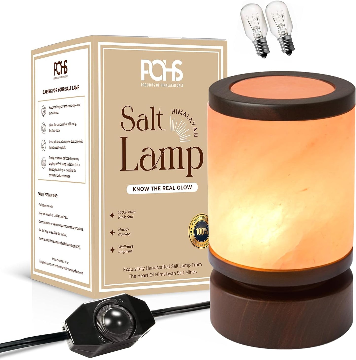 POHS Himalayan Pink Salt Round Lamp with Premium Brown Polished Wooden Base, 60'' Long Dimmer Switch Cord and Two Light Bulbs; Hand Crafted,for Home, Office and Gift for Christmas