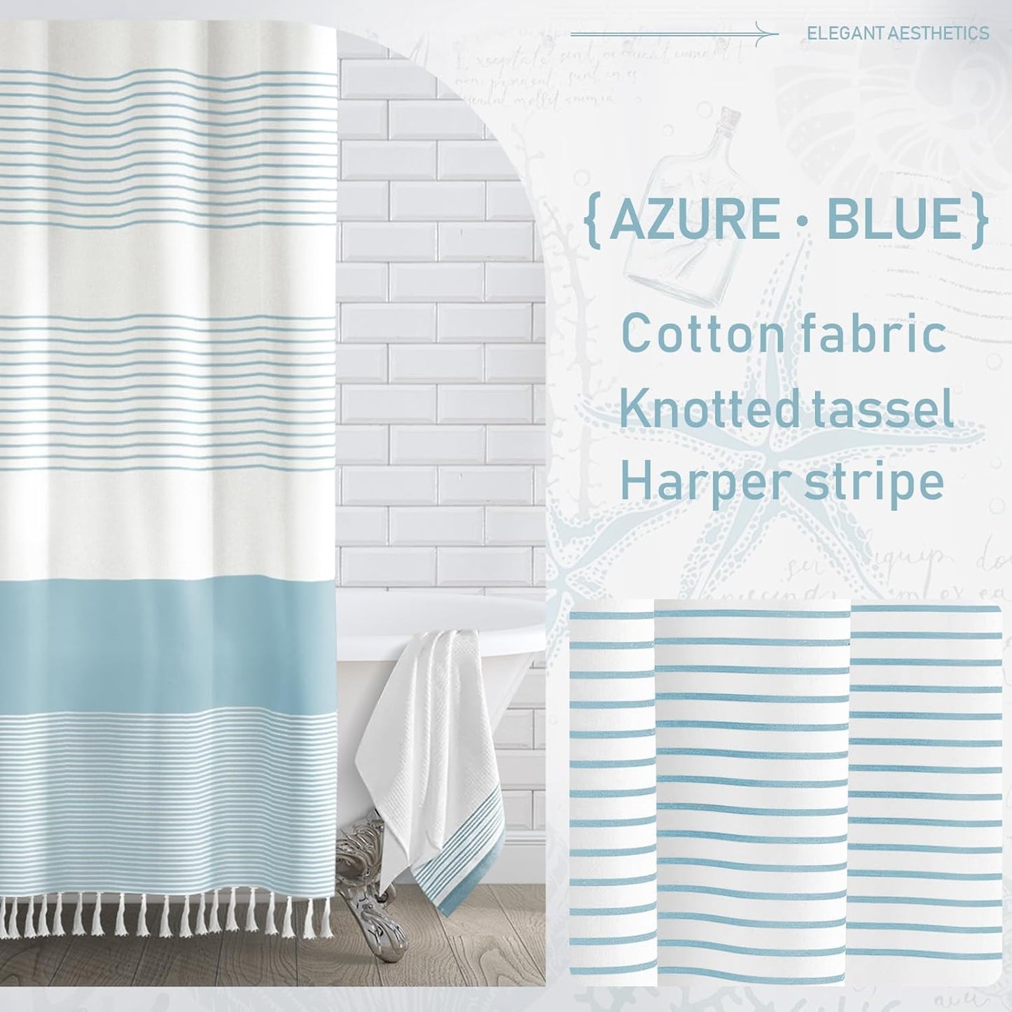 Awellife Blue Shower Curtain Beach Ocean Coastal Nautical Shower Curtain for Bathroom Stripe Tassel 72 X 72 Inches Cotton