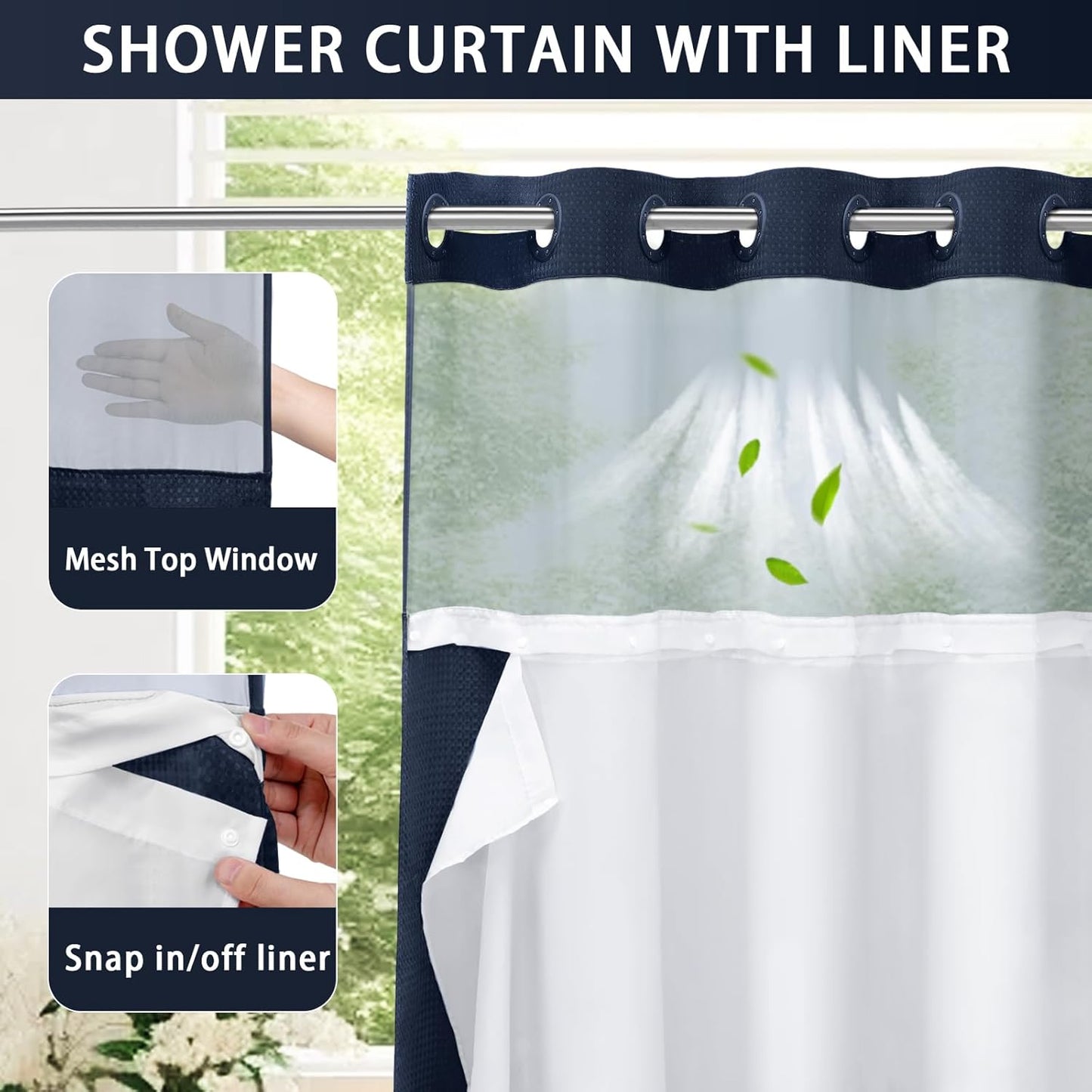 YellyHommy No Hook Shower Curtain with Snap in Liner Set Less Time Navy Blue Waffle Shower Curtain for Bathroom 75" L x 72" W